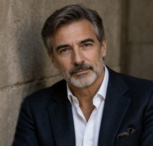 Retrato de un hombre con barba y cabello canoso en un entorno urbano.
