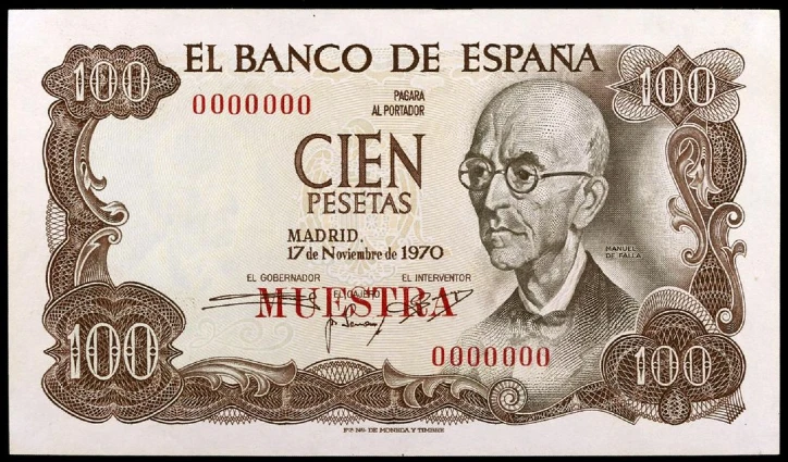 Billete de cien pesetas del Banco de España con retrato de Manuel de Falla.
