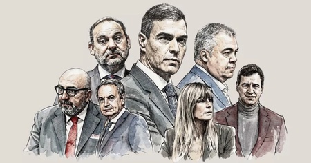Ilustración de figuras políticas relacionadas con la corrupción en España