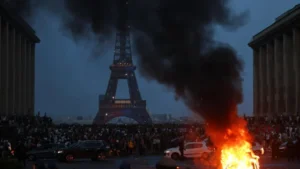 Multitud en París durante disturbios tras victoria del PSG en la Champions League.