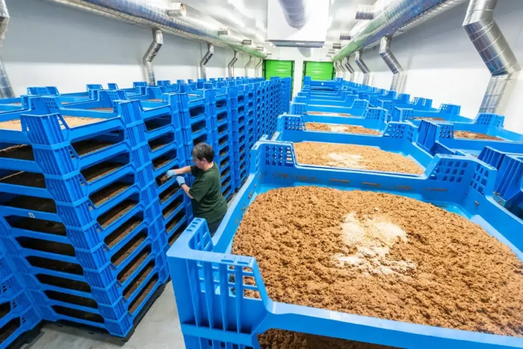 Interior de una granja de insectos con estanterías azules y un trabajador