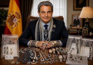 Hombre rodeado de joyas y relojes en un despacho