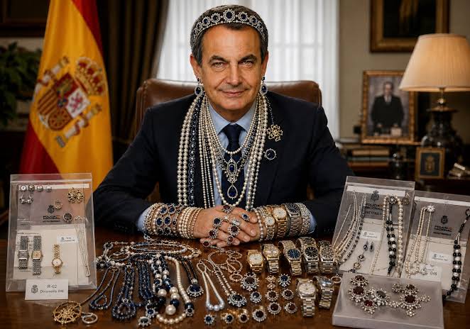 Hombre rodeado de joyas y relojes en un despacho
