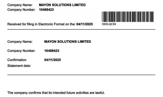 Documento legal de Mayon Solutions Limited con detalles de la empresa.