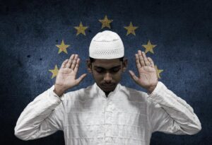 Joven musulmán con un fondo de estrellas de la bandera europea