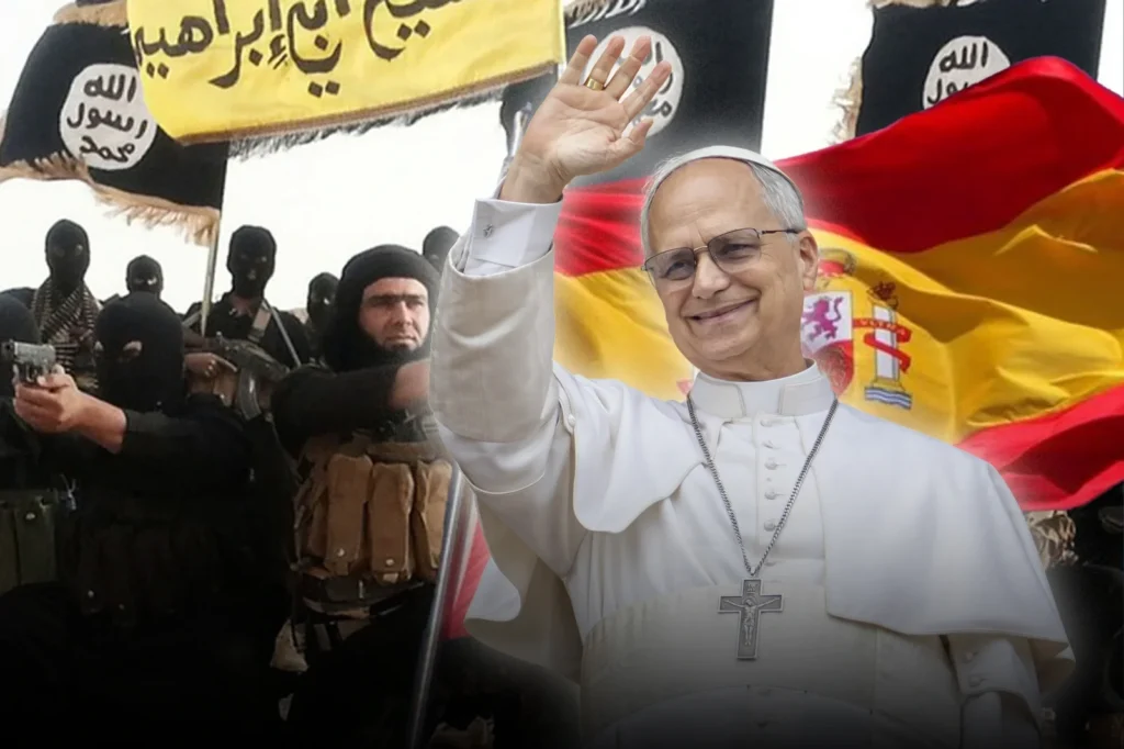 El Papa León XIV saludando con fondo de banderas del Estado Islámico y España.