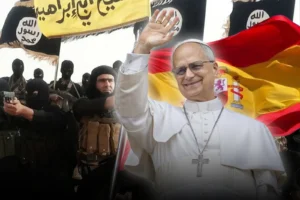 El Papa León XIV saludando con fondo de banderas del Estado Islámico y España.