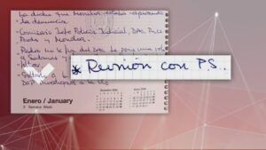 Anotación de reunión en agenda de Leire Díez con iniciales P.S.