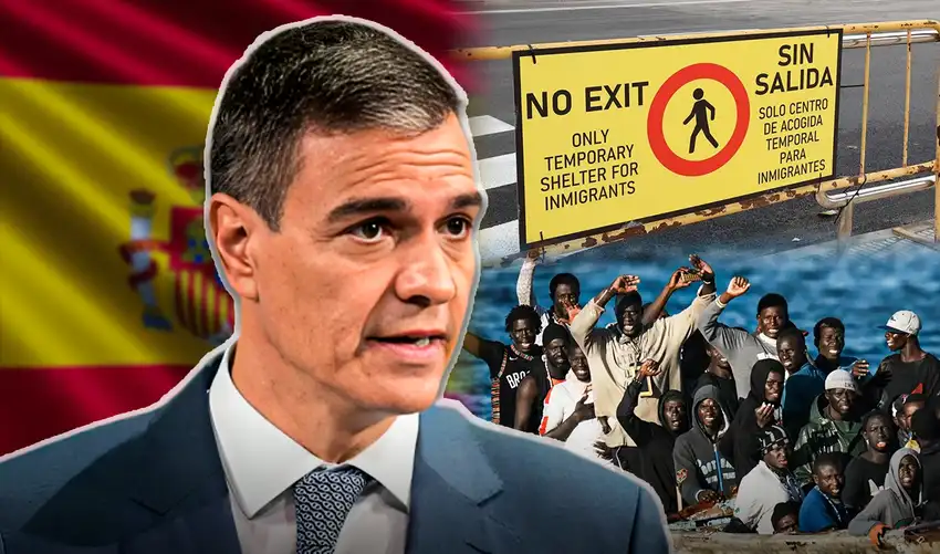 Pedro Sánchez frente a un cartel que indica sin salida para inmigrantes