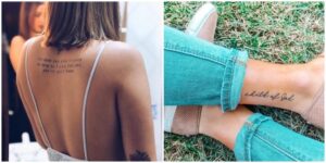 Mujer con tatuajes en la espalda y tobillo, mostrando arte corporal