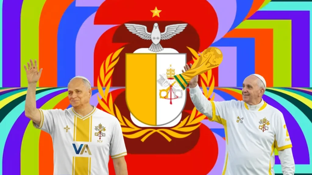 Dos figuras en camisetas del Vaticano sosteniendo un trofeo de fútbol