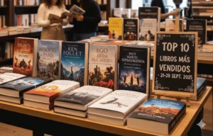Mesa con libros más vendidos y cartel de ventas en librería