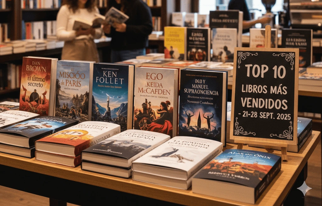 Mesa con libros más vendidos y cartel de ventas en librería